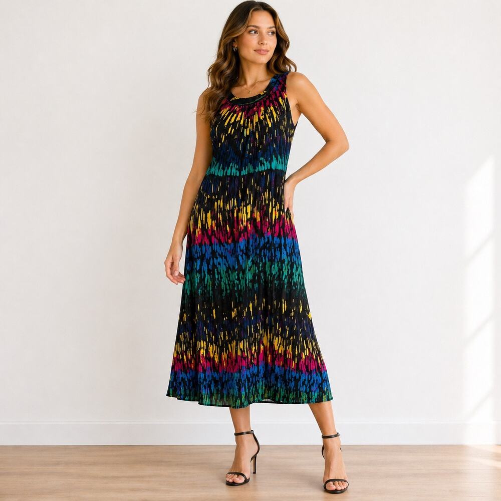 Ellen Tracy Black Multicolor Abstract Print Sleeveless Midi Dress Sz L